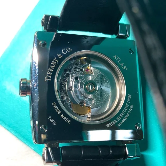 Tiffany & Co. Genuine Alligator & Stainless Steel Black Atlas Watch Gyromatic - Picture 5 of 16